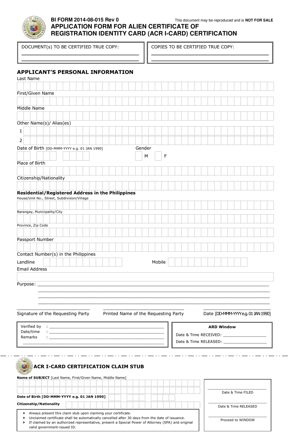 BI Form 2014-08-015 Application Form for Alien Certificate of Registration Identity Card (Acr I-Card) Certification - Philippines, Page 1