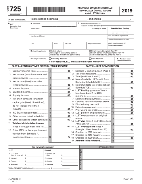 Form 725 (41A725) Kentucky Single Member LLC Individually Owned Income and Llet Return - Kentucky, 2019