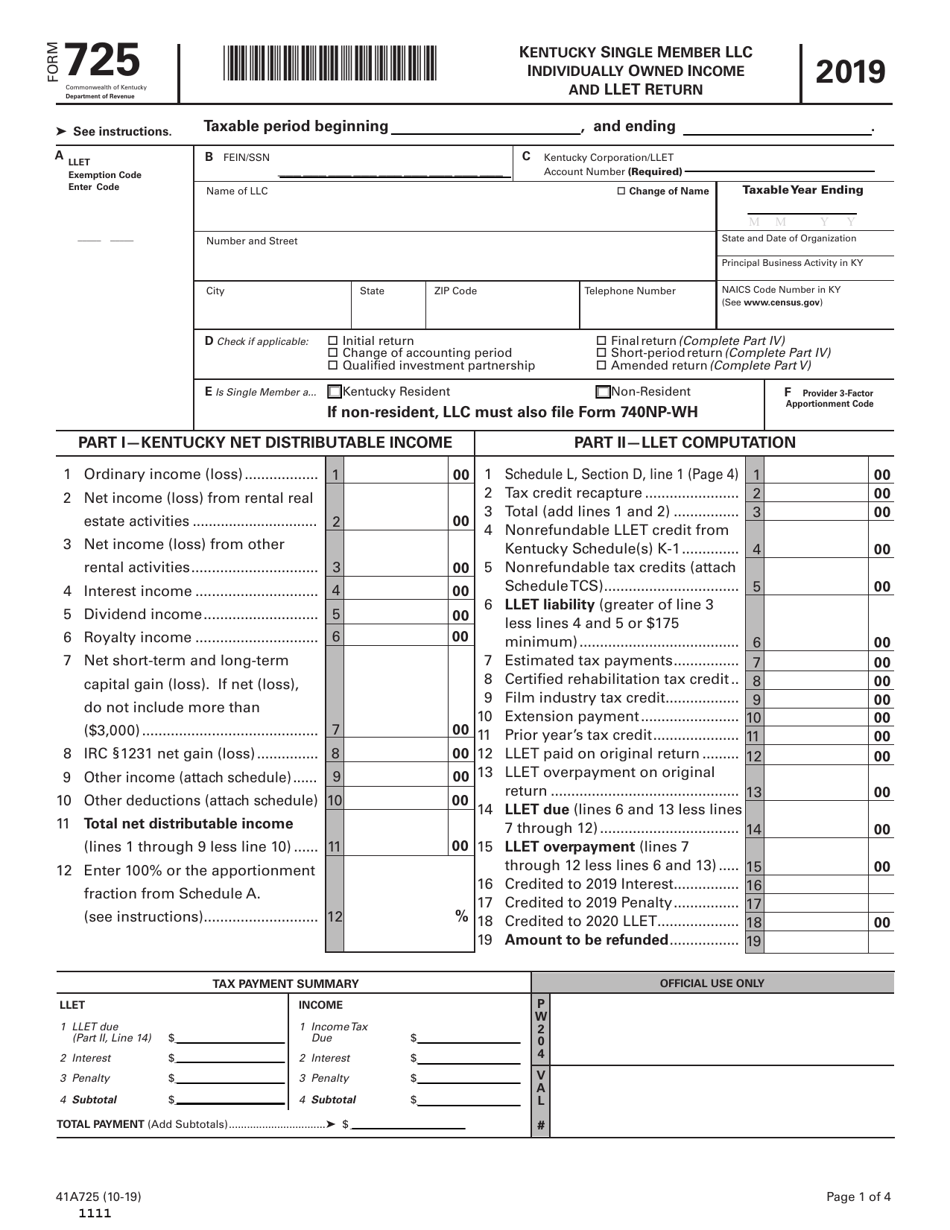 Form 725 (41A725) Kentucky Single Member LLC Individually Owned Income and Llet Return - Kentucky, Page 1