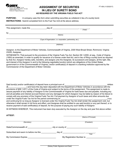 Form FT459 Assignment of Securities in Lieu of Surety Bond - Virginia
