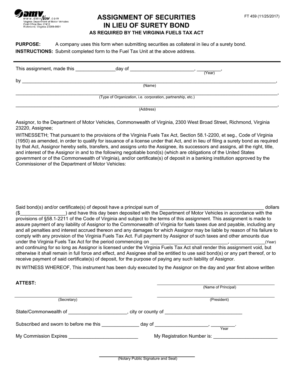 Form FT459 Assignment of Securities in Lieu of Surety Bond - Virginia, Page 1