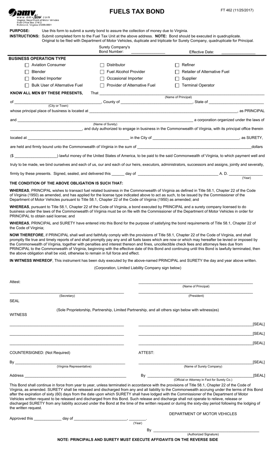 Form FT462 Fuels Tax Bond - Virginia, Page 1