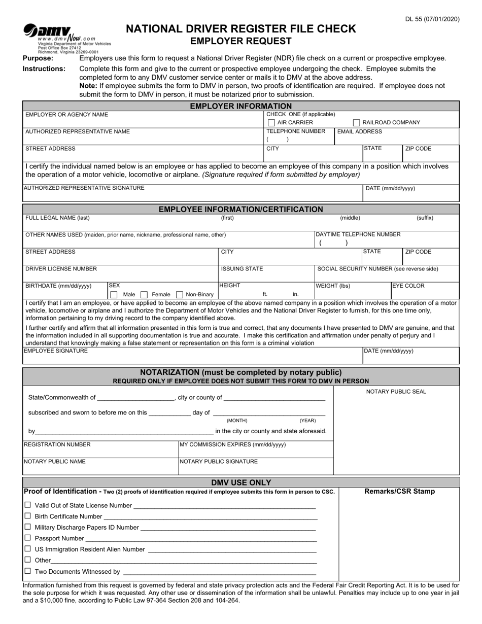 Form DL55 National Driver Register File Check - Employer Request - Virginia, Page 1