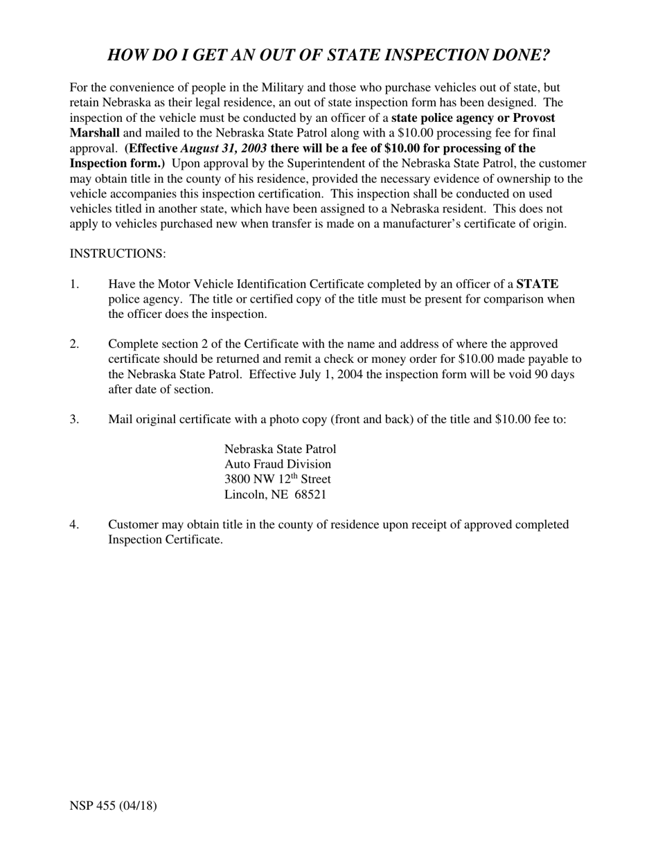 Form NSP455 Motor Vehicle Identification Certificate - Nebraska, Page 2