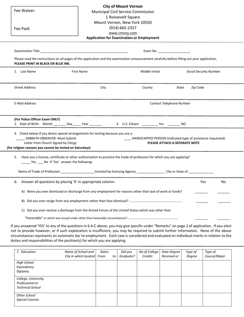 Application for Examination or Employment - City of Mount Vernon, New York Download Pdf