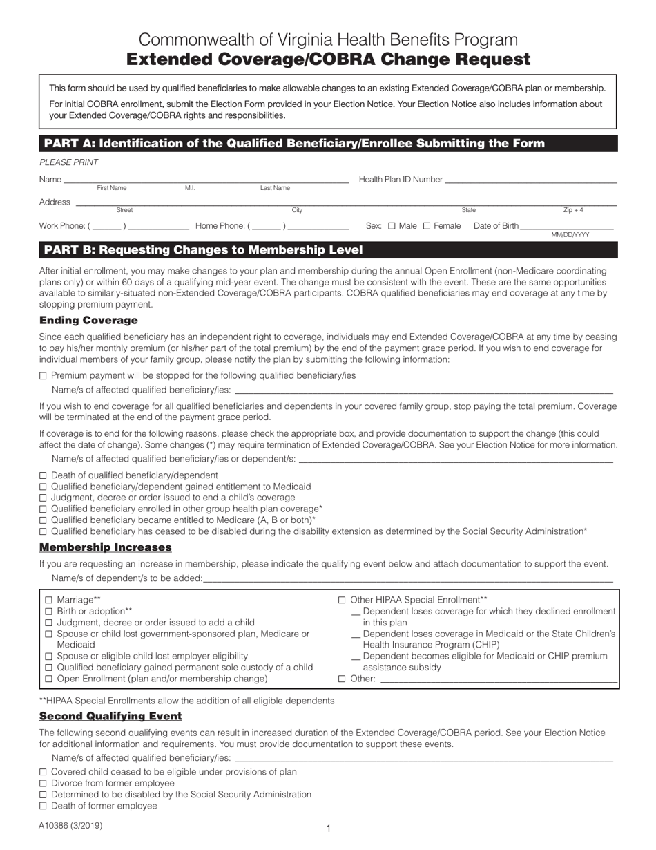 Form A10386 Extended Coverage / Cobra Change Request - Virginia, Page 1