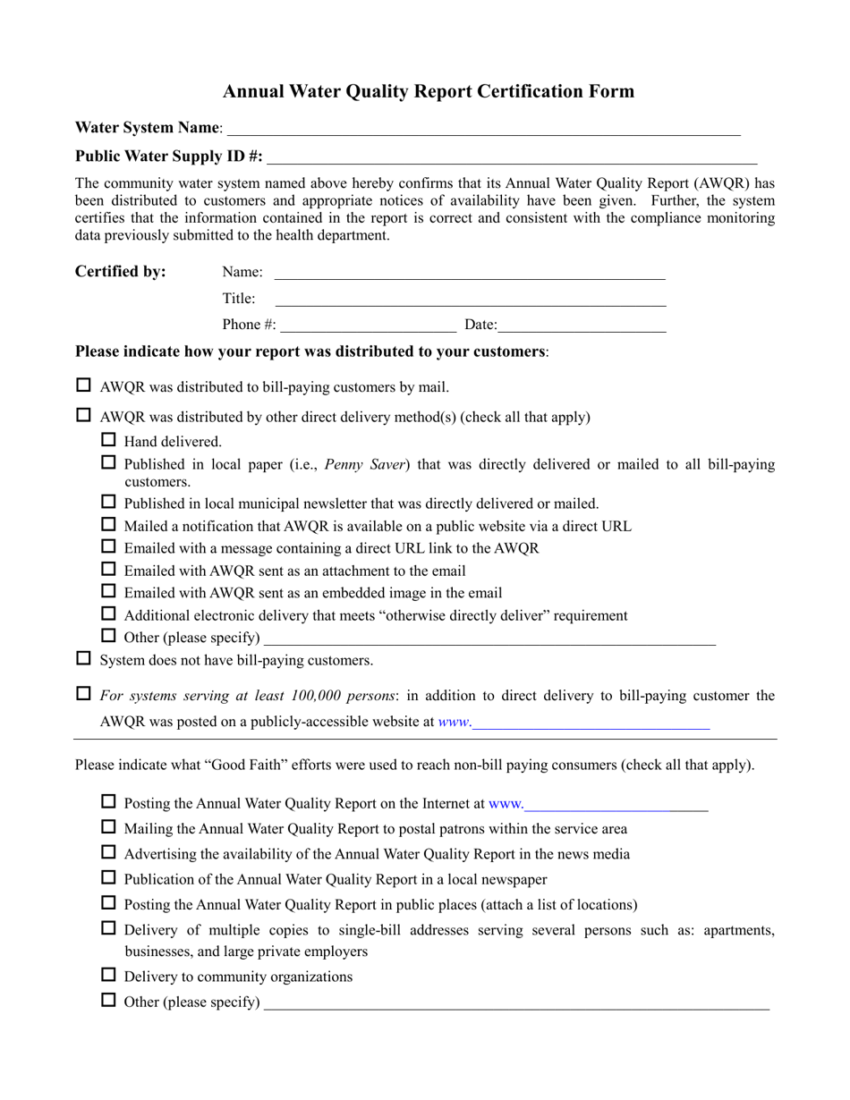 Annual Water Quality Report Certification Form - New York, Page 1