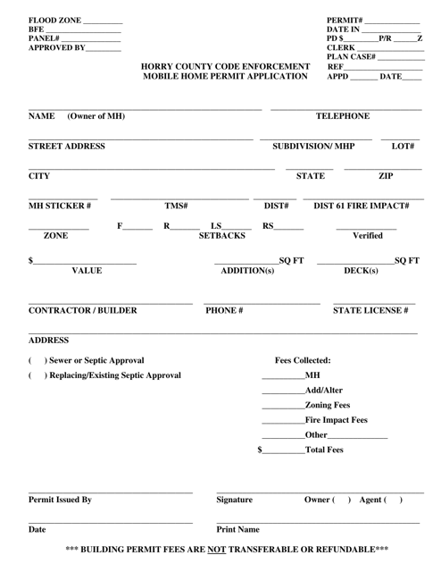 Mobile Home Permit Application - Horry County, South Carolina Download Pdf