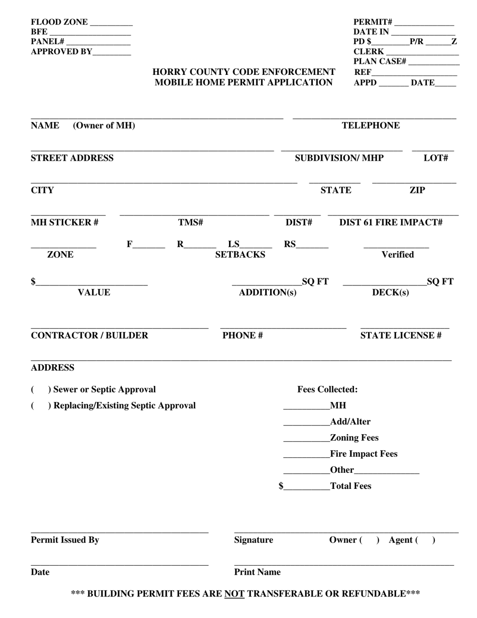 Mobile Home Permit Application - Horry County, South Carolina, Page 1