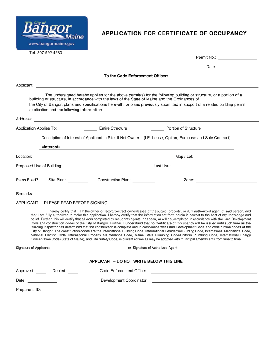 City of Bangor, Maine Application for Certificate of Occupancy Fill