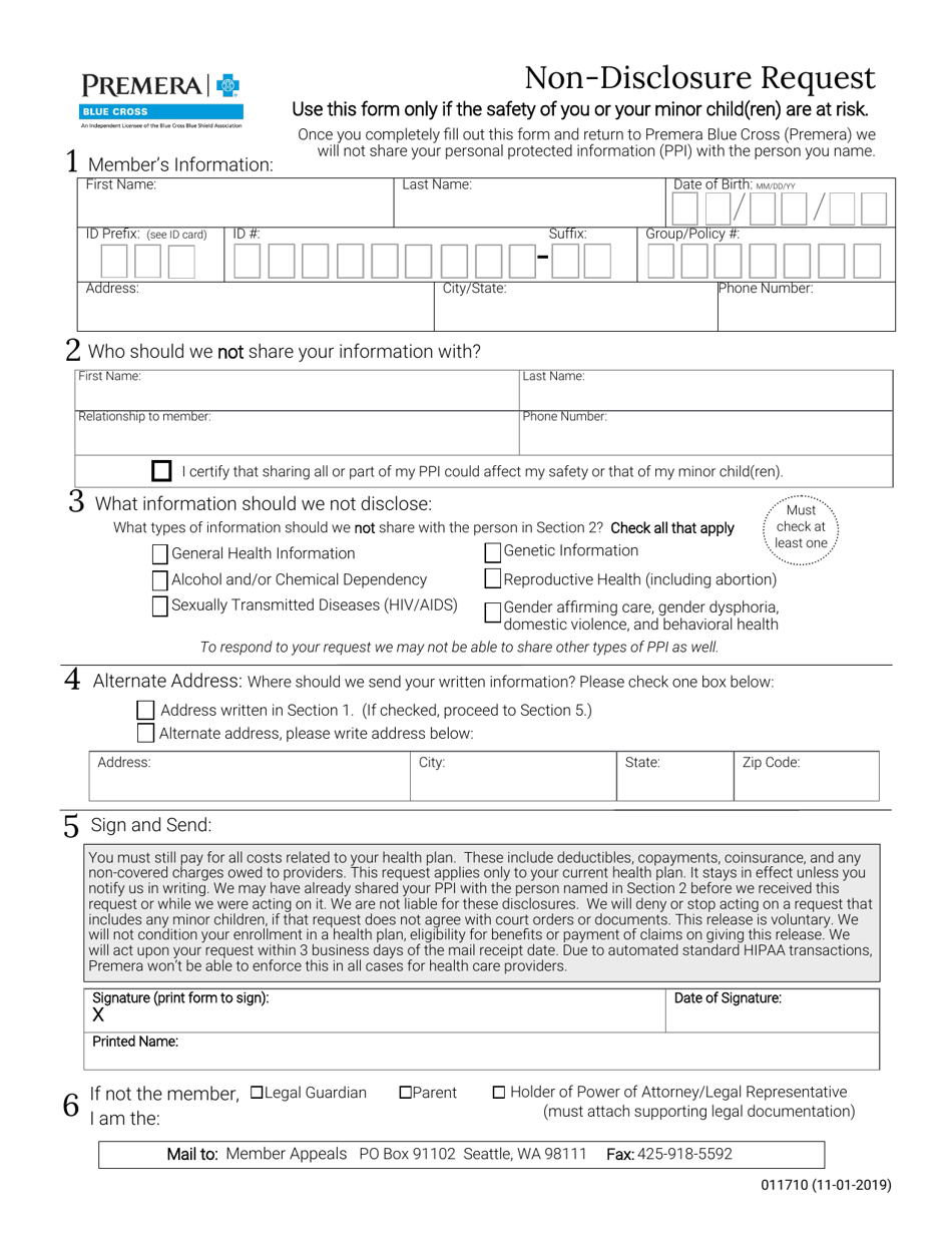 Form 011710 Non-disclosure Request - Premera Blue Cross, Page 1