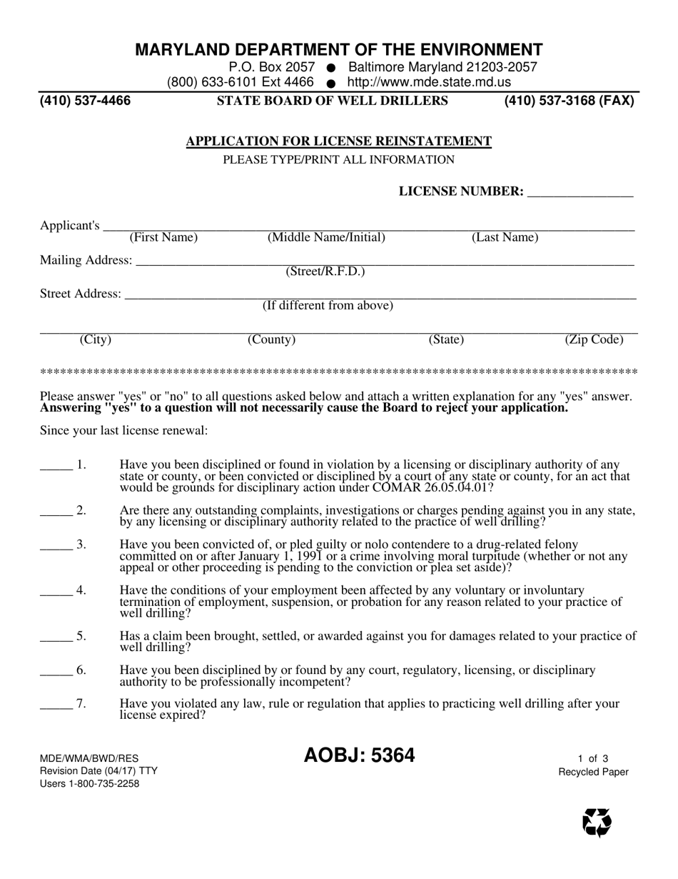 Form MDE / WMA / BWD / RES Application for License Reinstatement - Maryland, Page 1