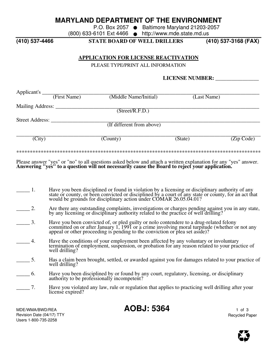 Form MDE / WMA / BWD / REA Application for License Reactivation - Maryland, Page 1