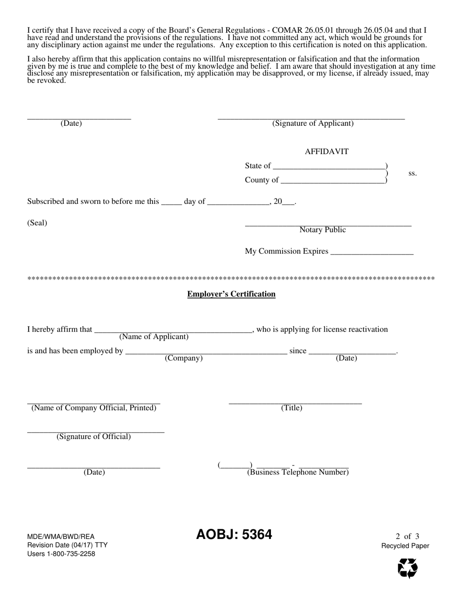 Form MDE / WMA / BWD / REA Application for License Reactivation - Maryland, Page 2