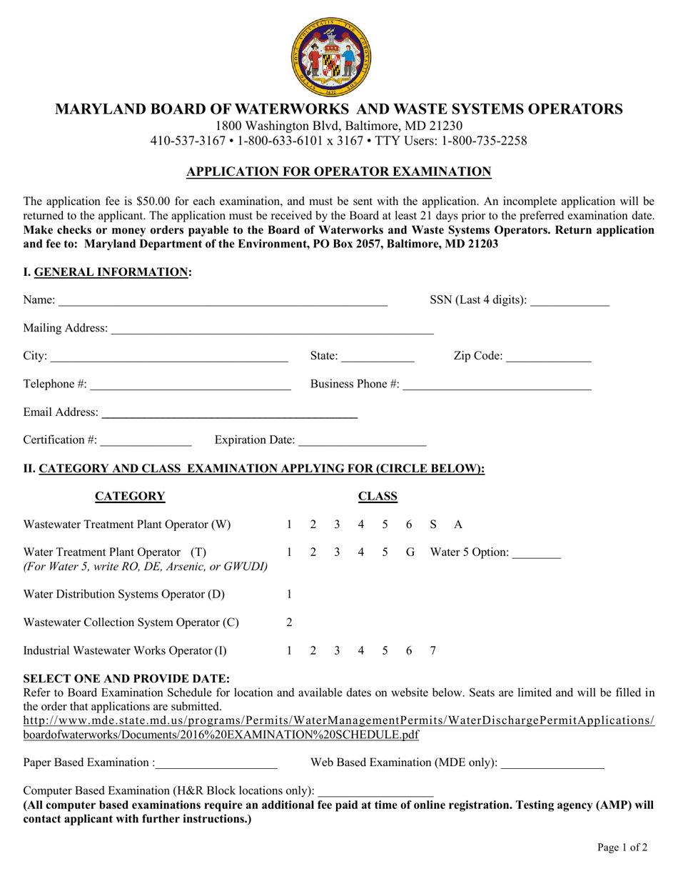 Form MDE / WMA / BWW / EXM Application for Operator Examination - Maryland, Page 1