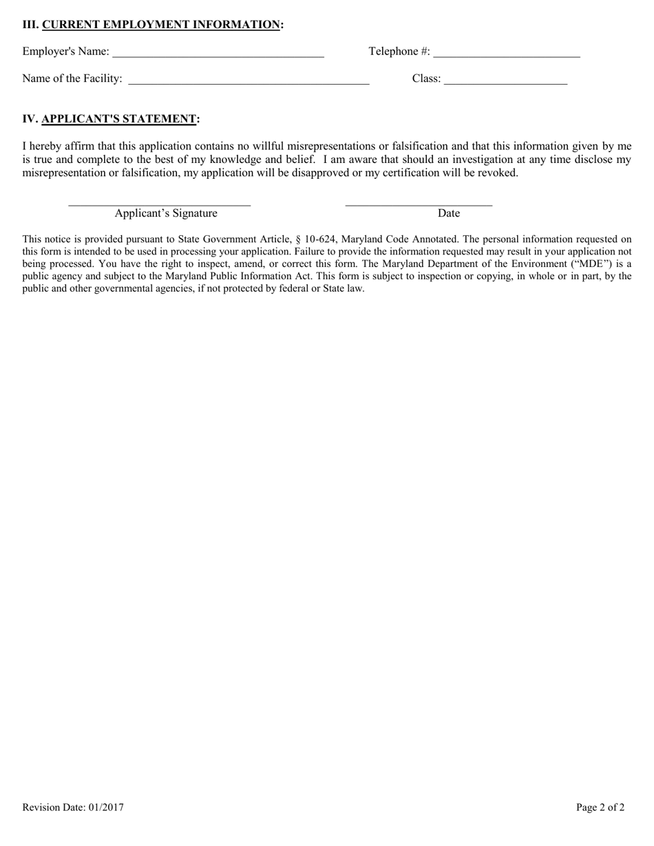 Form MDE / WMA / BWW / EXM Application for Operator Examination - Maryland, Page 2