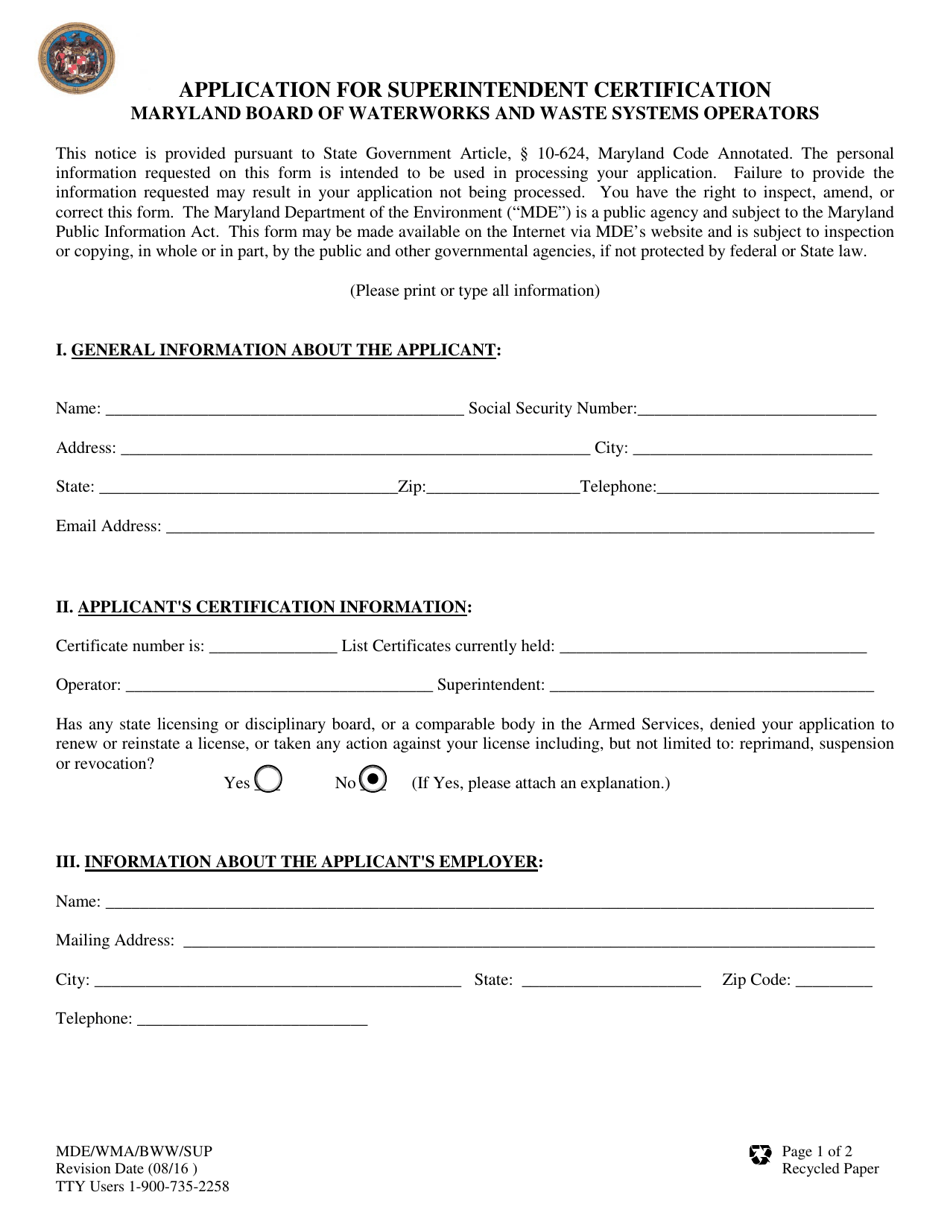 Form MDE / WMA / BWW / SUP Application for Superintendent Certificate - Maryland, Page 1