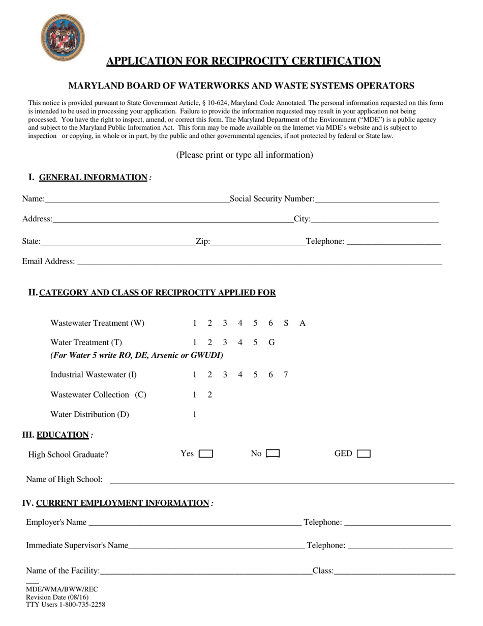 Form MDE / WMA / BWW / REC Application for Reciprocity Certification - Maryland, Page 1