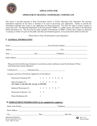 Document preview: Form MDE/WMA/BWW/OIT Application for an Operator in Training (Temporary) Certificate - Maryland