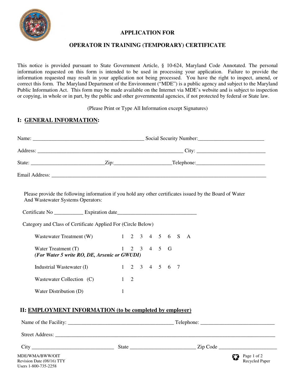 Form MDE / WMA / BWW / OIT Application for an Operator in Training (Temporary) Certificate - Maryland, Page 1