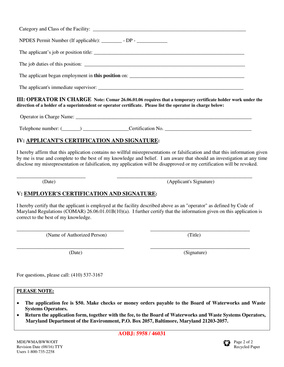 Form MDE / WMA / BWW / OIT Application for an Operator in Training (Temporary) Certificate - Maryland, Page 2