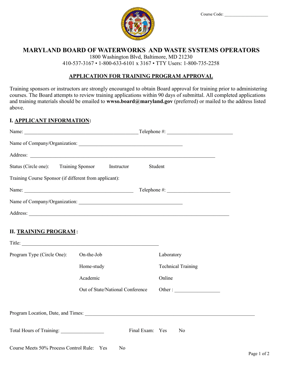 Form MDE / WMA / BWW / TRN Application for Training Program Approval - Maryland, Page 1