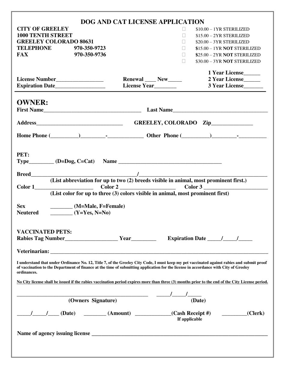 Dog and Cat License Application - City of Greeley, Colorado, Page 1
