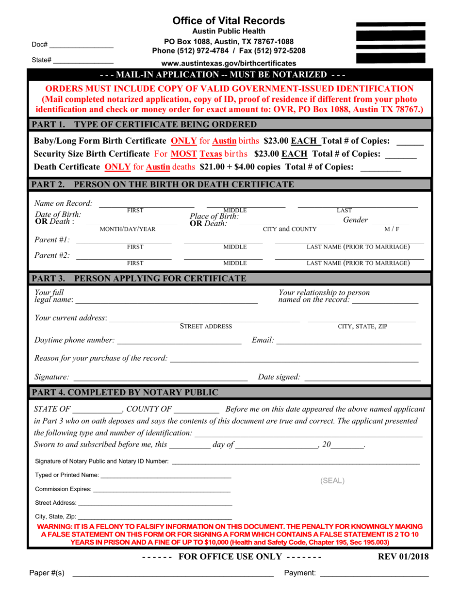 Birth or Death Certificate Application - City of Austin, Texas, Page 1