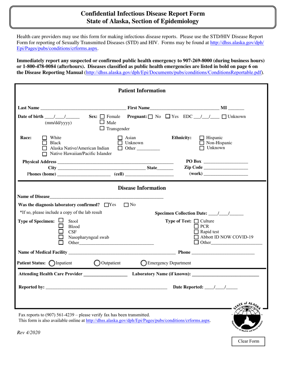Confidential Infectious Disease Report Form - Alaska, Page 1