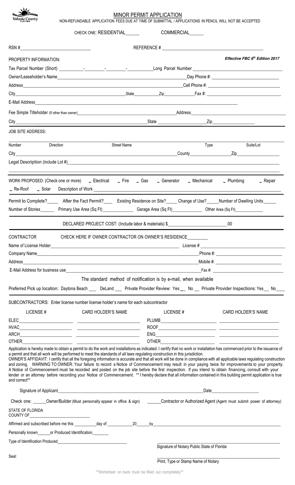 Minor Permit Application - Volusia County, Florida, Page 1
