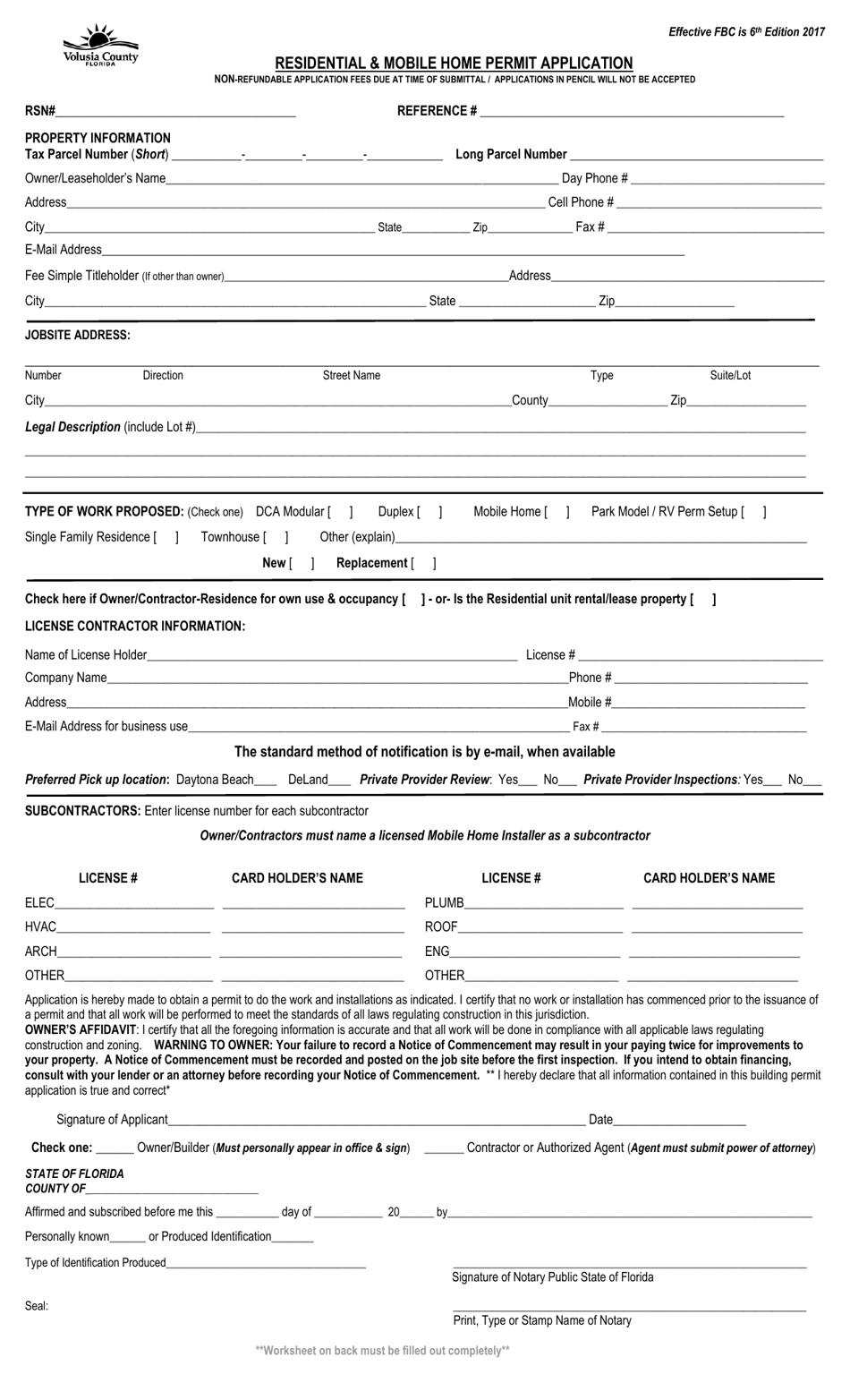 Residential  Mobile Home Permit Application - Volusia County, Florida, Page 1