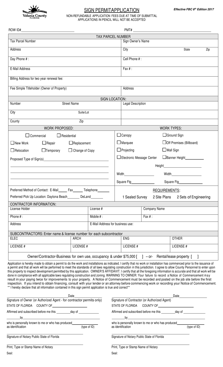 Sign Permit Application - Volusia County, Florida, Page 1