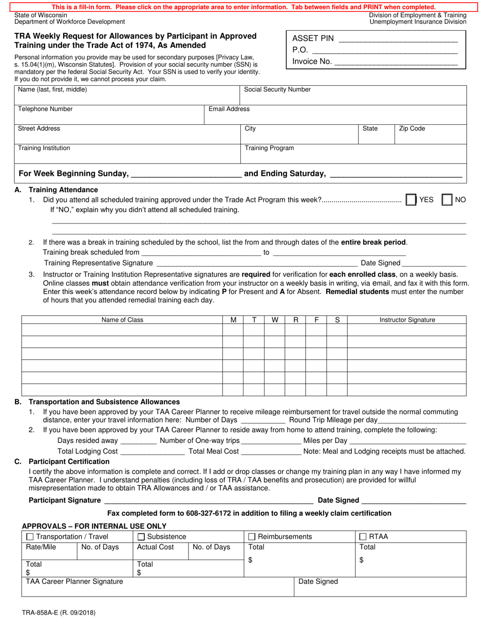 Form TRA-858A-E Tra Weekly Request for Allowances by Participant in Approved Training Under the Trade Act of 1974, as Amended - Wisconsin, Page 1