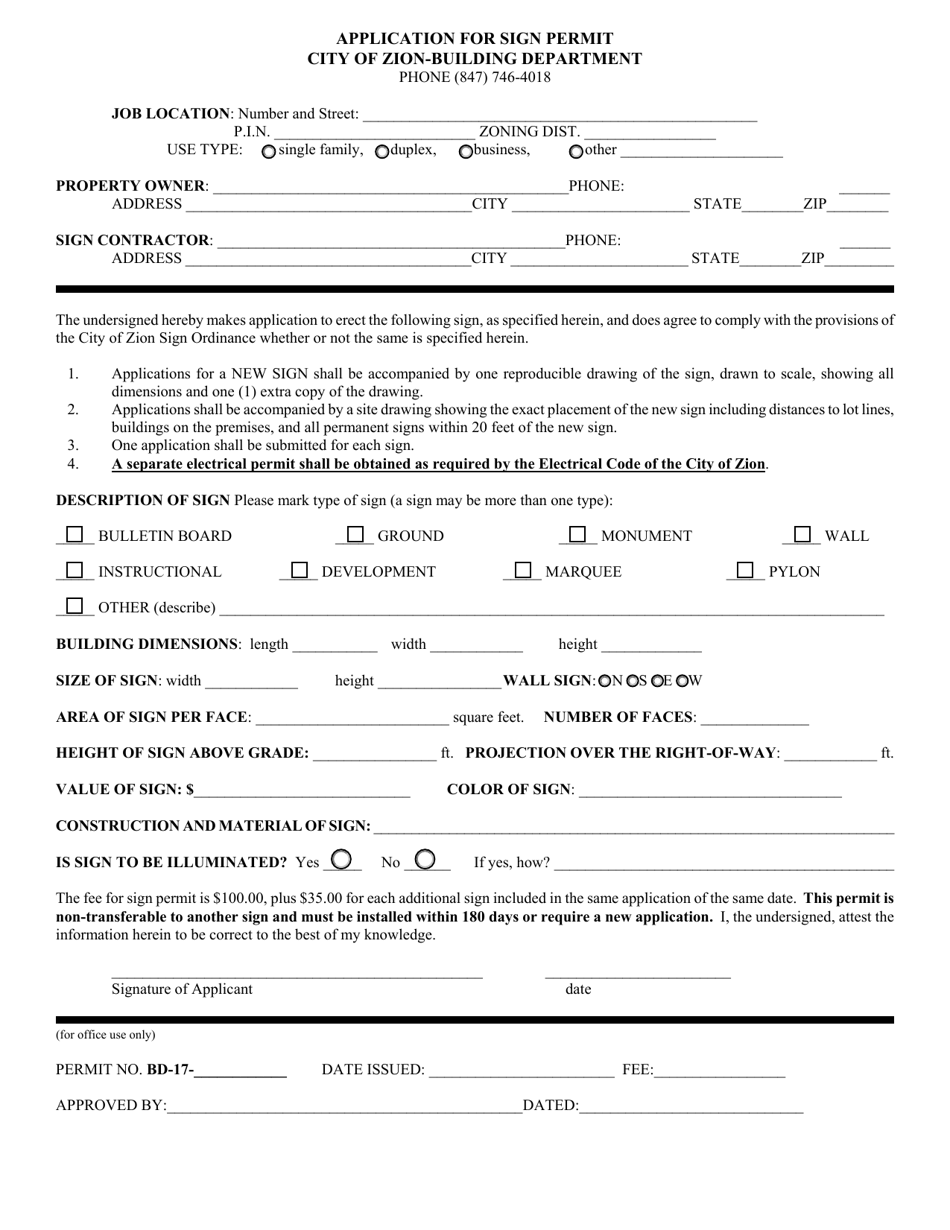 City Of Zion Illinois Application For Sign Permit Download Fillable City Of Zion Illinois Application For Sign Permit Download Fillable
