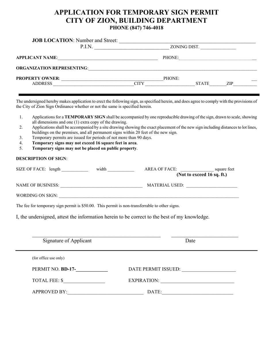 Application for Temporary Sign Permit - City of Zion, Illinois, Page 1