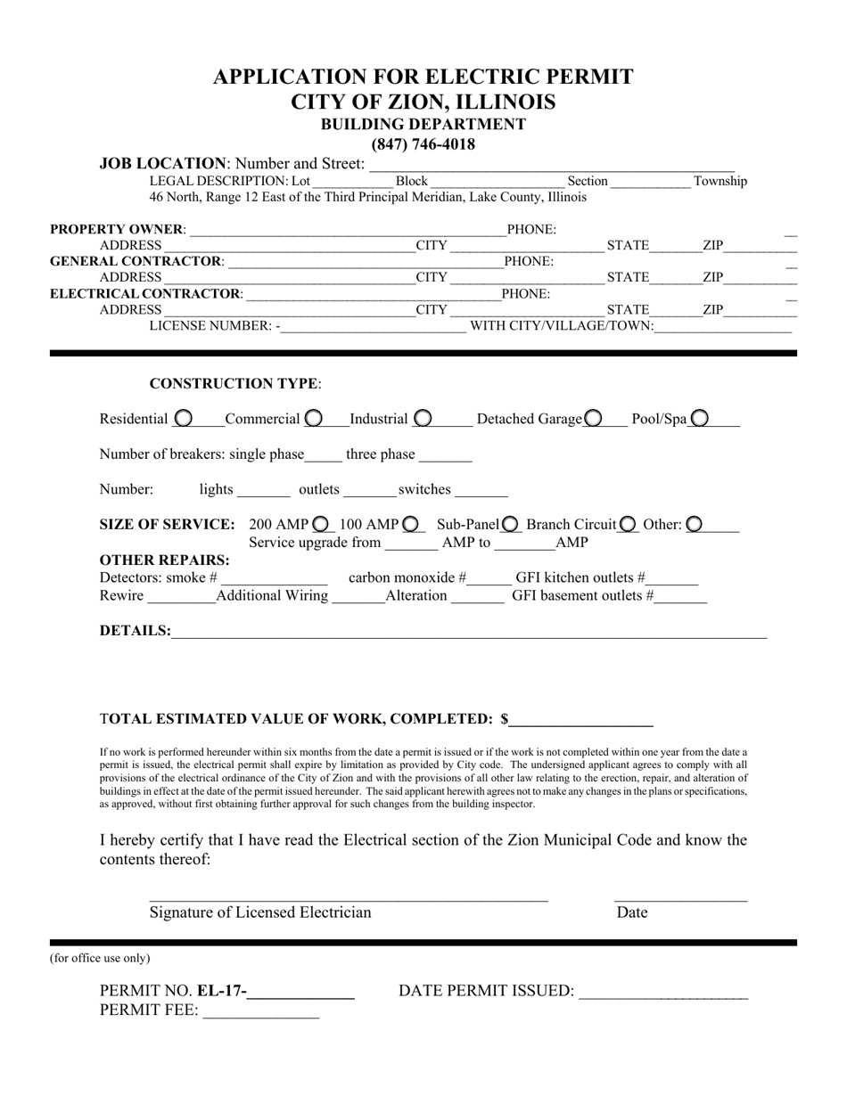 City of Zion, Illinois Application for Electric Permit Fill Out, Sign