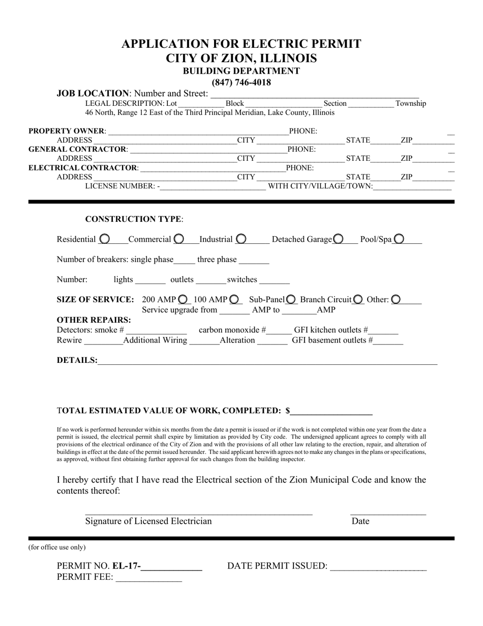 Application for Electric Permit - City of Zion, Illinois, Page 1