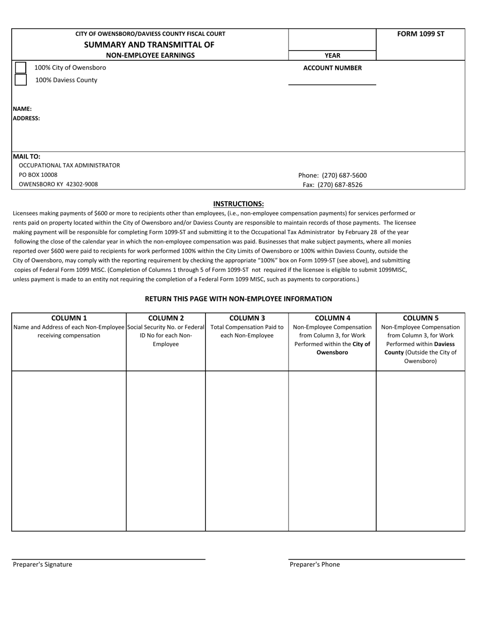 Form 1099 ST Summary and Transmittal of Non-employee Earnings - City of Owensboro, Kentucky, Page 1