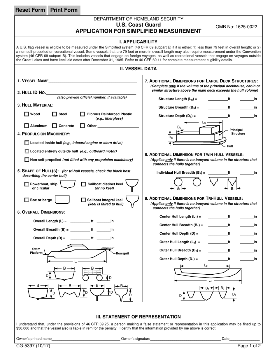 Form CG-5397 Application for Simplified Measurement, Page 1
