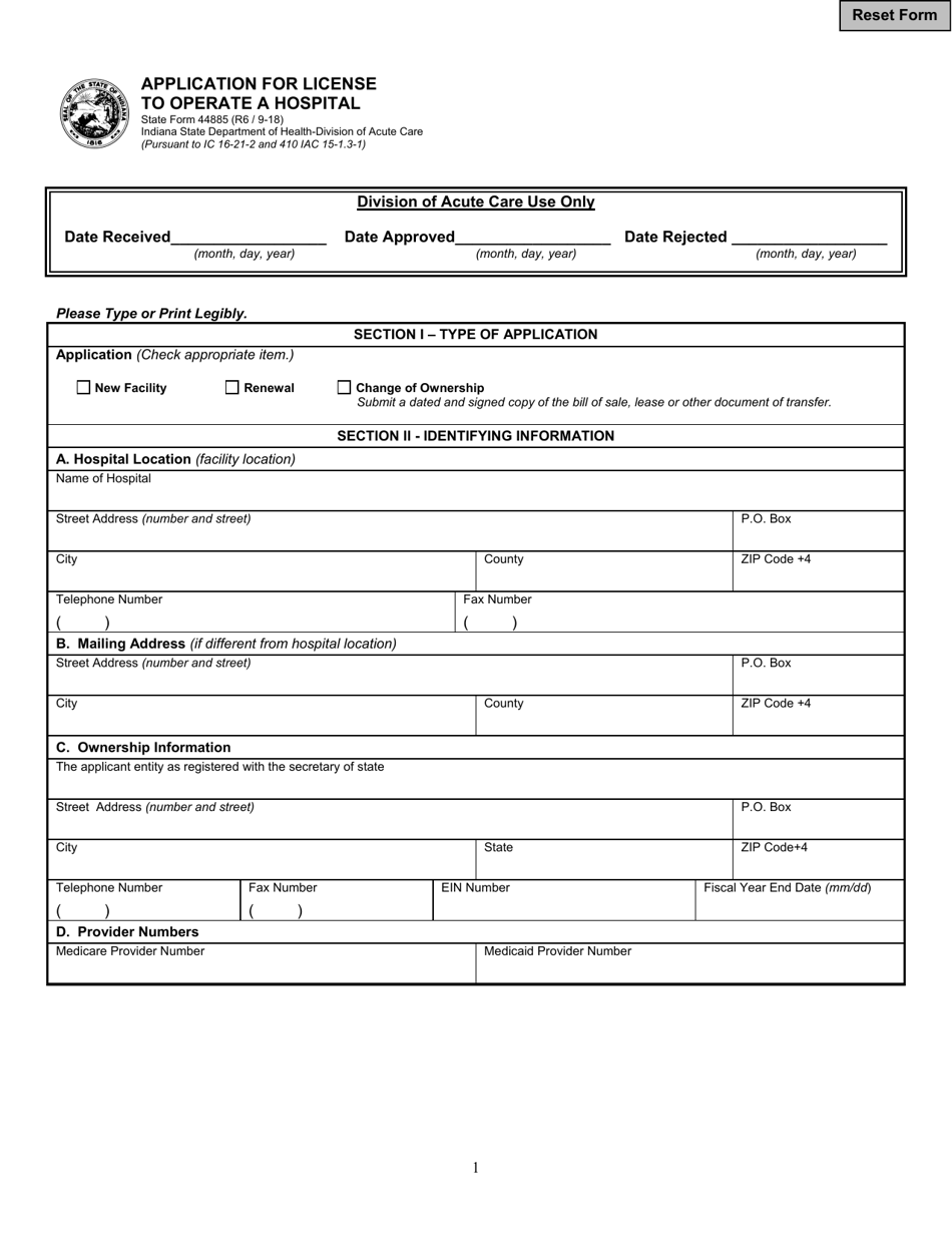 State Form 44885 Application for License to Operate a Hospital - Indiana, Page 1