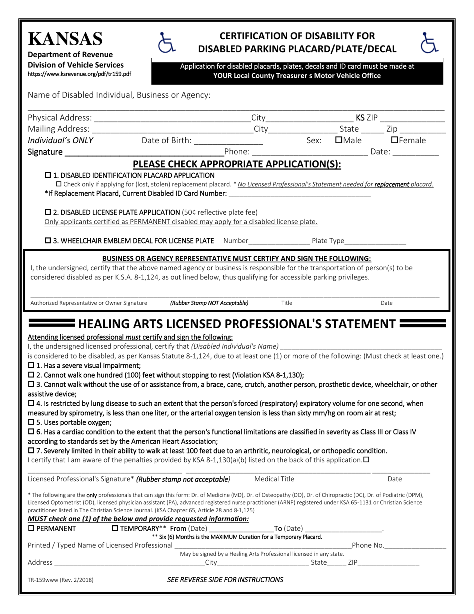 Form TR-159 Certification of Disability for Disabled Parking Placard / Plate / Decal - Kansas, Page 1