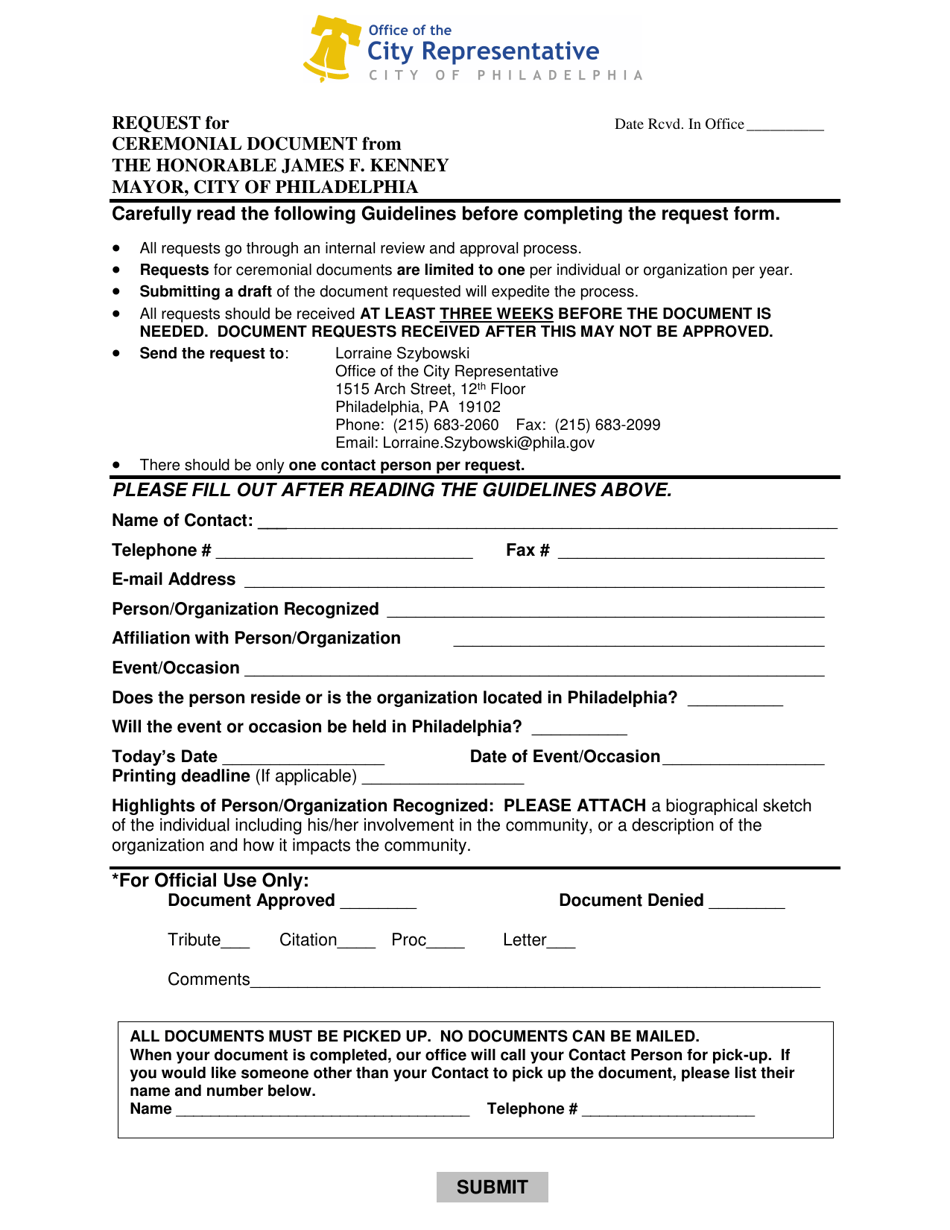 Request for Ceremonial Document - City of Philadelphia, Pennsylvania, Page 1