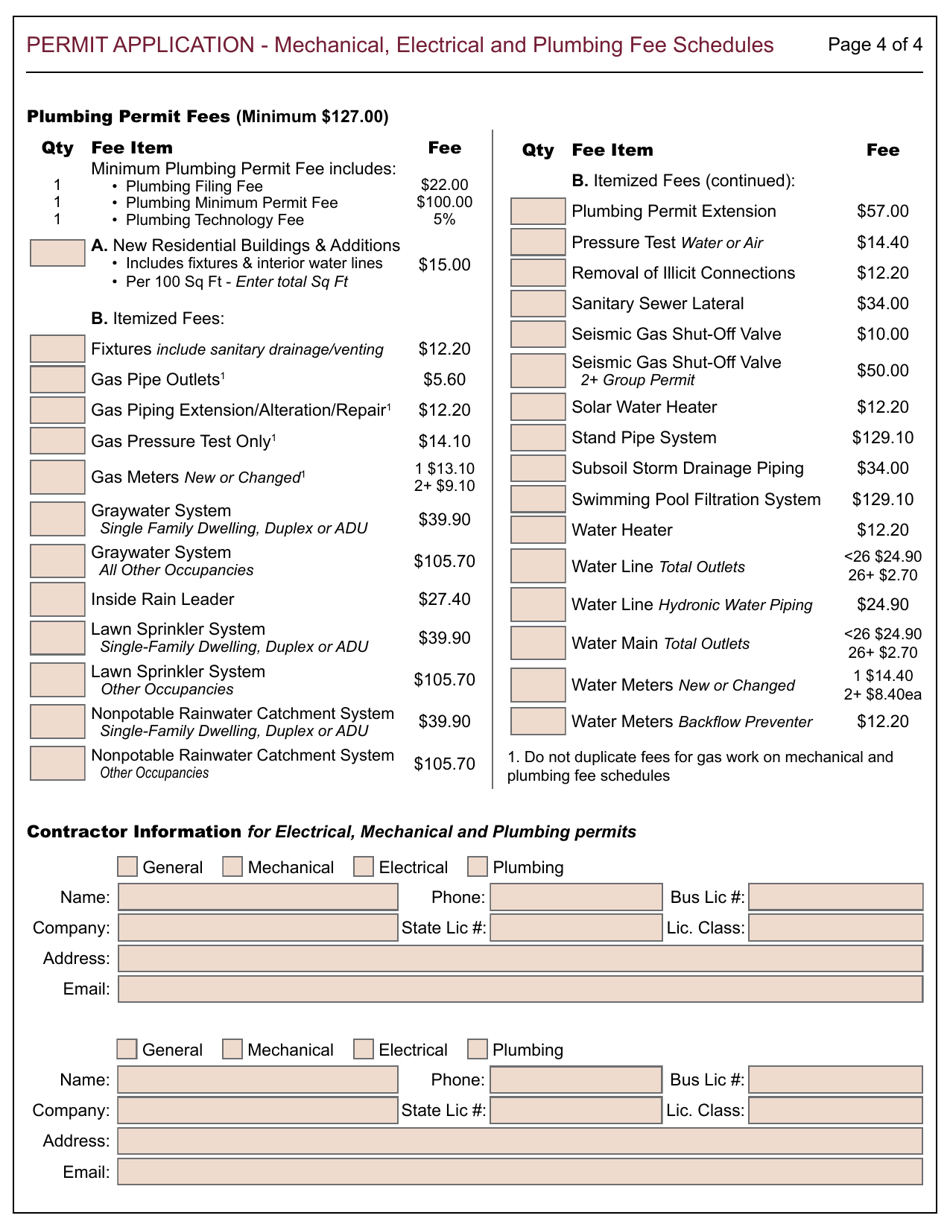 Form 100 Permit Application - Building, Electrical, Mechanical, Plumbing - City of Berkley, California, Page 4