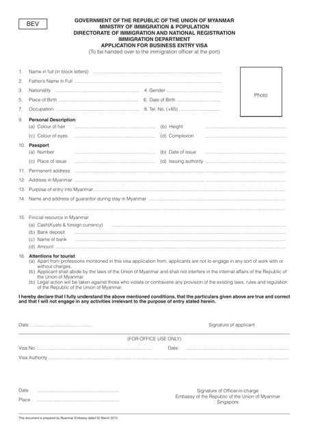 Myanmar Entry Tourist Visa Application - Embassy of the Republic of the Union of Myanmar - Singapore Download Pdf