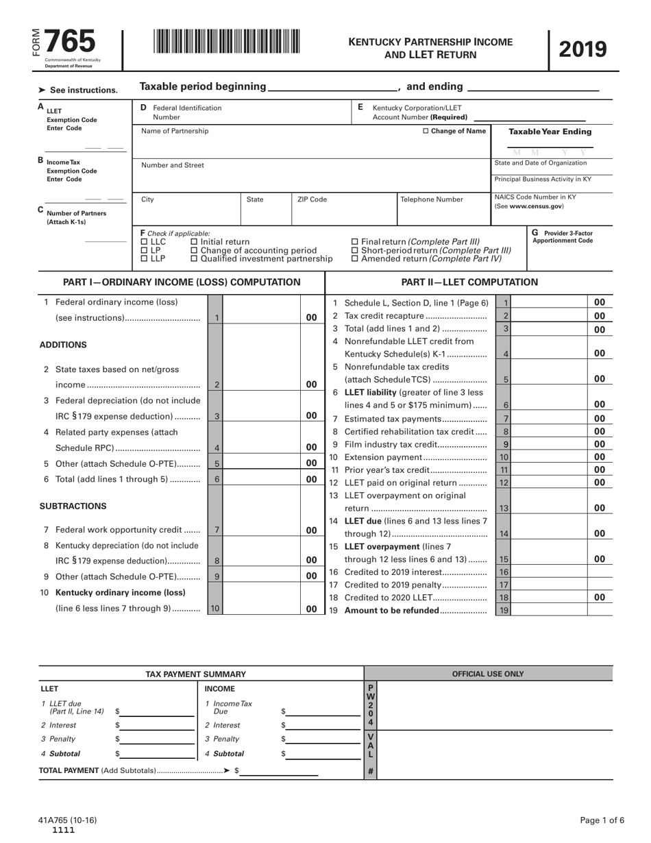 Form 765 (41A765) 2019 Fill Out, Sign Online and Download Fillable
