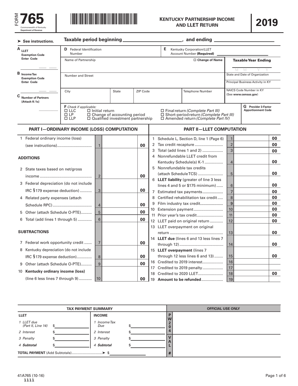 Form 765 (41A765) Kentucky Partnership Income and Llet Return - Kentucky, Page 1