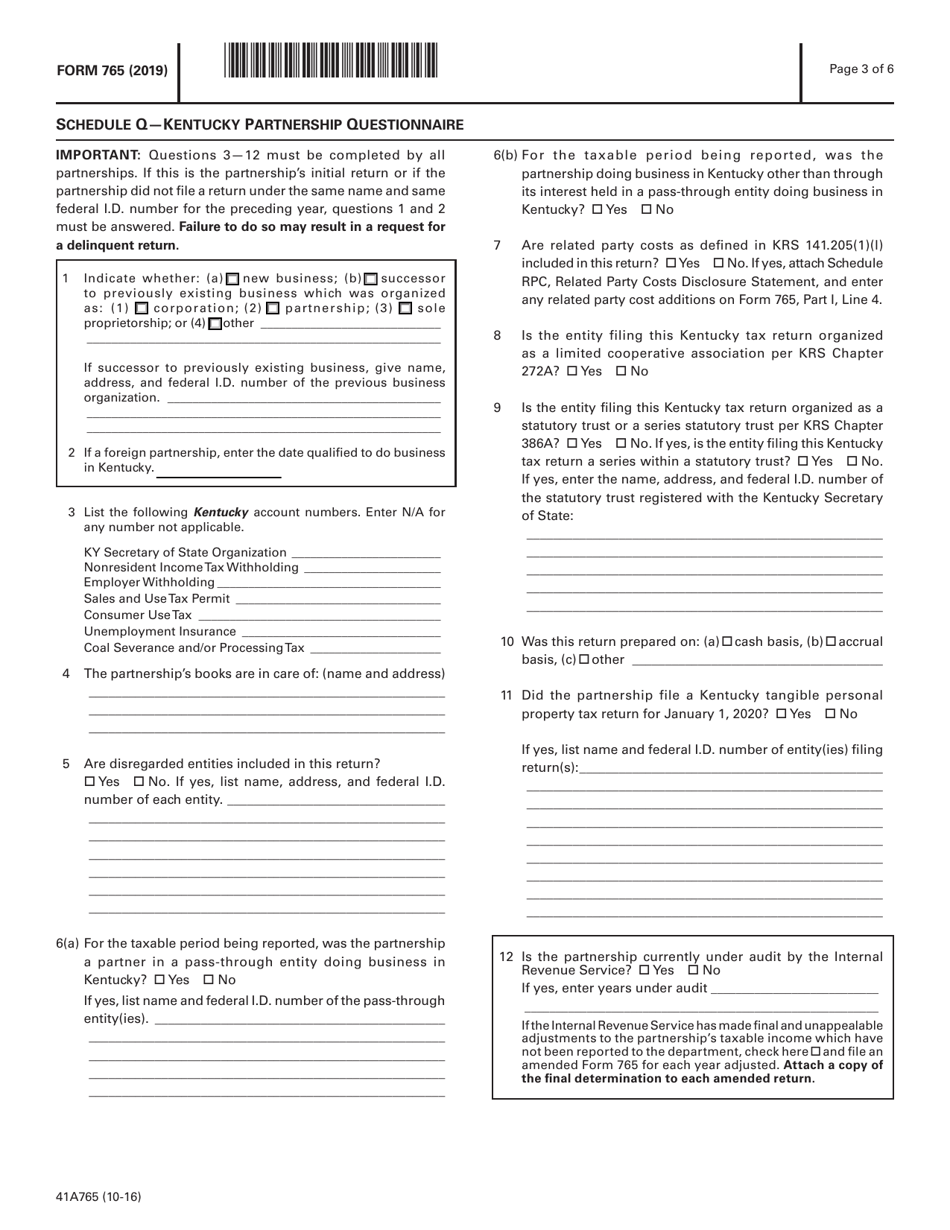 Form 765 (41A765) Kentucky Partnership Income and Llet Return - Kentucky, Page 3