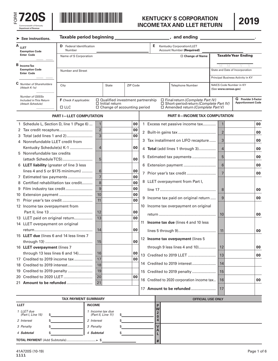 Form 720S (41A720S) Kentucky S Corporation Income Tax and Llet Return - Kentucky, Page 1
