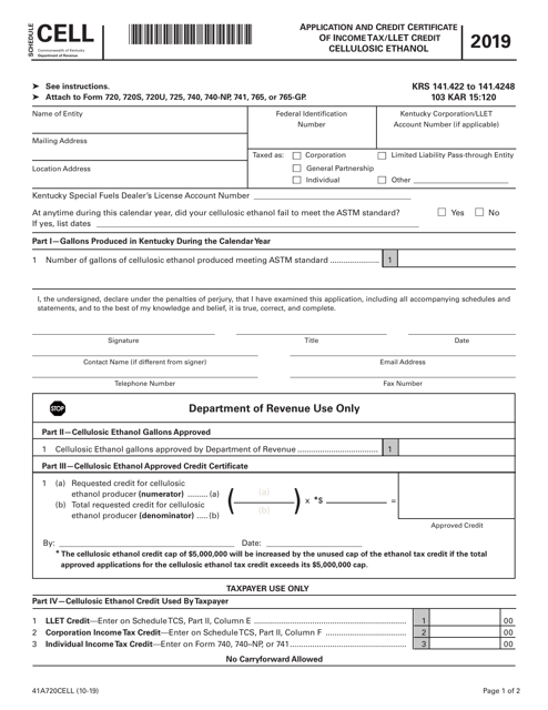Form 41A720CELL Schedule CELL Application and Credit Certificate of Income Tax/Llet Credit Cellulosic Ethanol - Kentucky, 2019