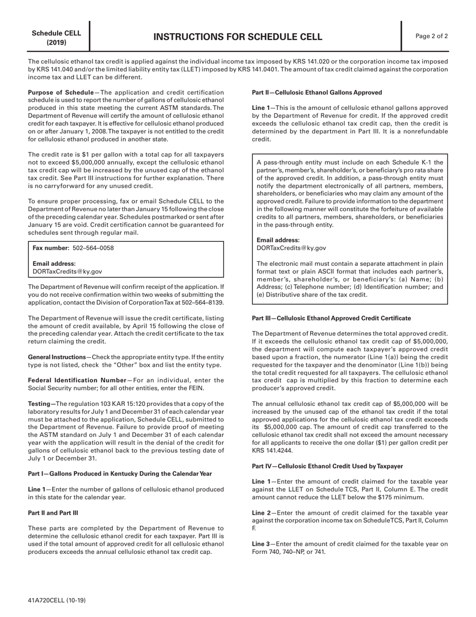 Form 41A720CELL Schedule CELL Application and Credit Certificate of Income Tax / Llet Credit Cellulosic Ethanol - Kentucky, Page 2